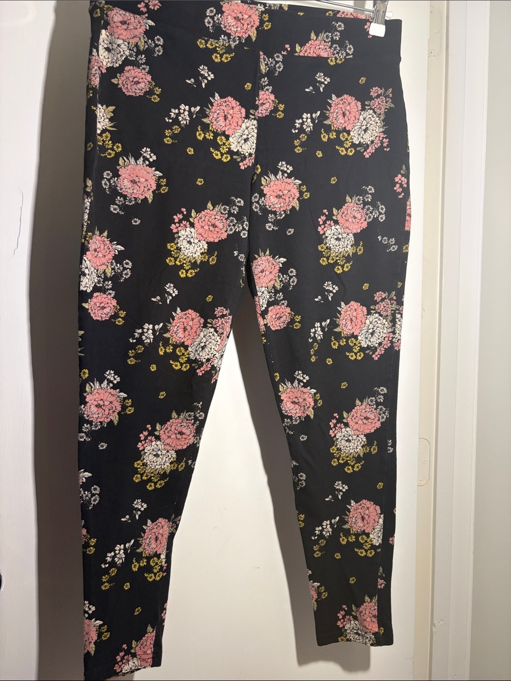 Girls Black Floral Leggings with Pink & Yellow Blooms